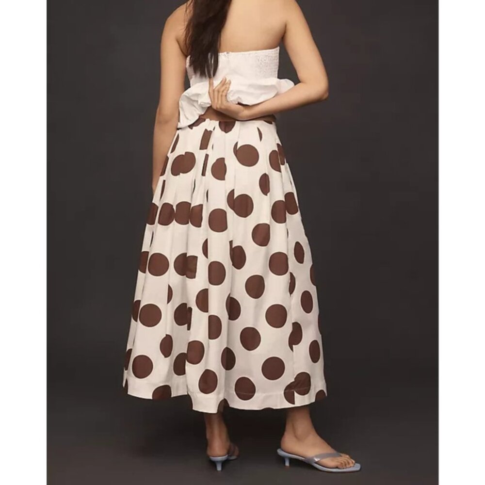 Maeve Cotton Poplin Pleated Midi Skirt White Brown Polka Dot XL - Picture 2 of 3